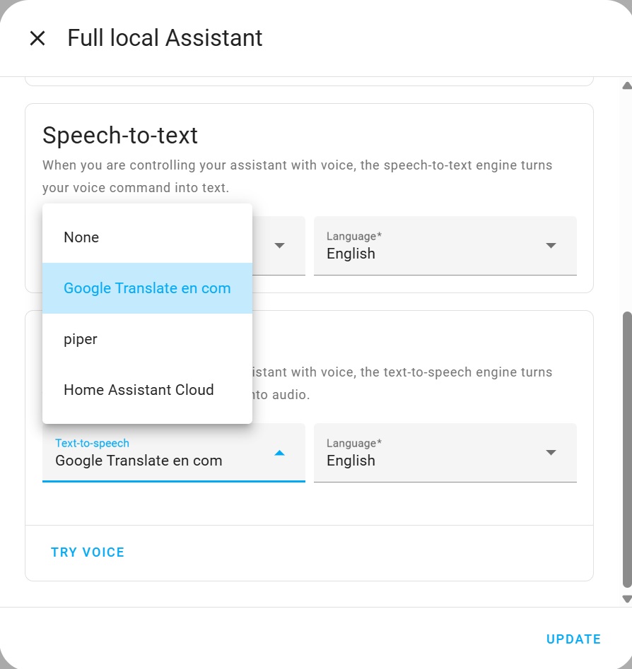 Home Assistant - select SST engine