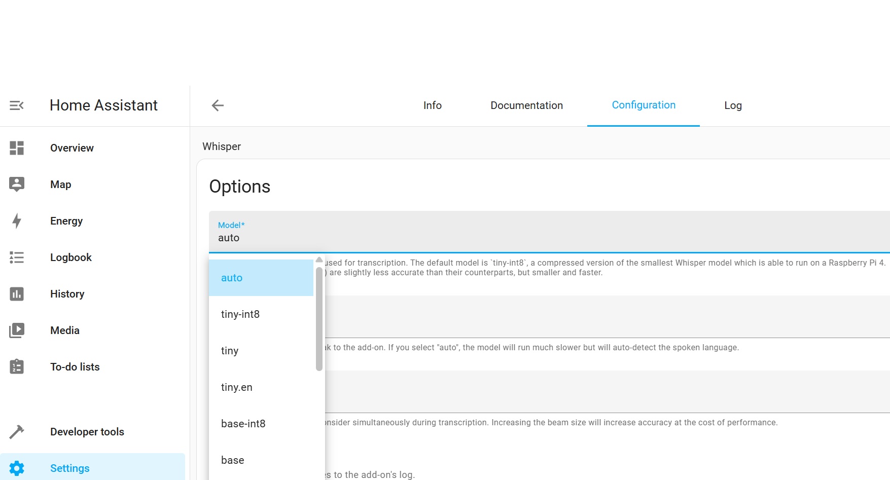 Home Assistant - Whisper settings