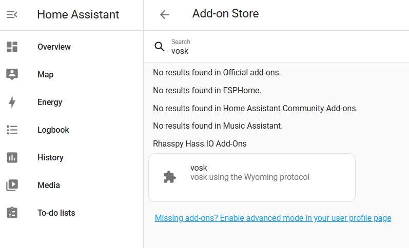 Home Assistant - search Vosk add-on