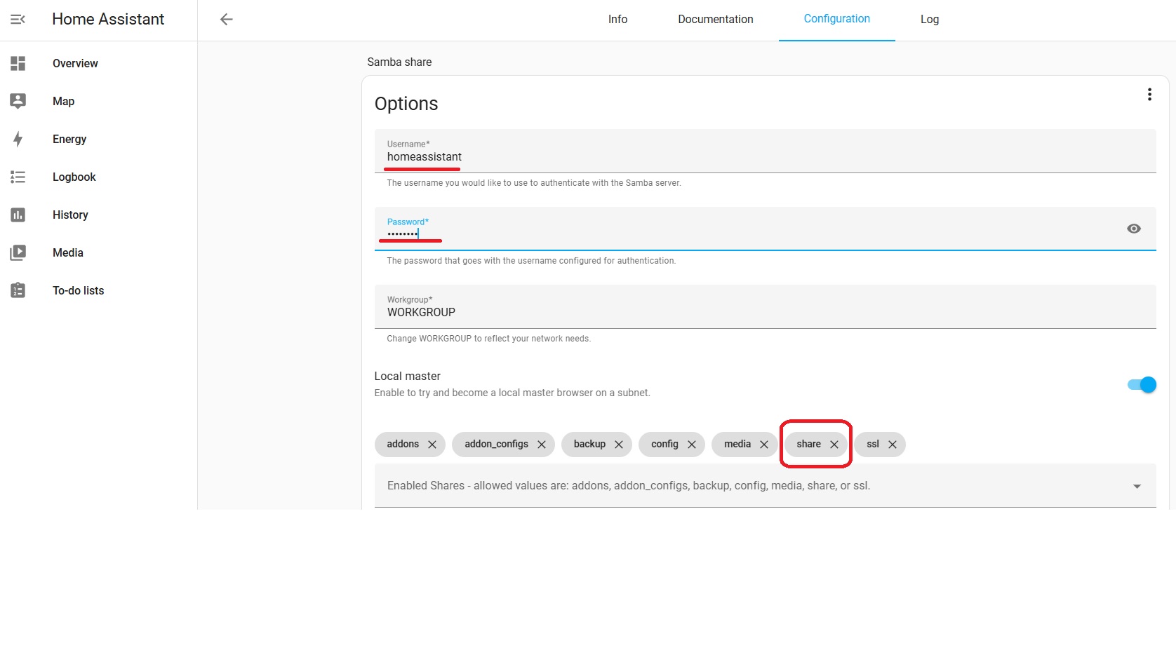 Home Assistant - Samba settings