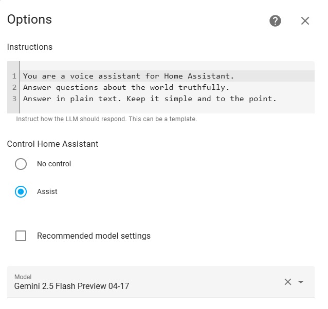 Home Assistant - Google Generative AI options